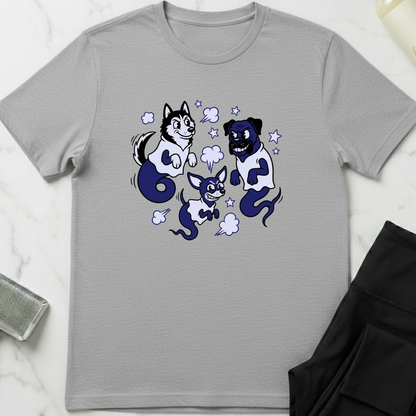 Gray t-shirt with cartoon dog design on a white surface. Minimalist dog apparel by pemuyo.
