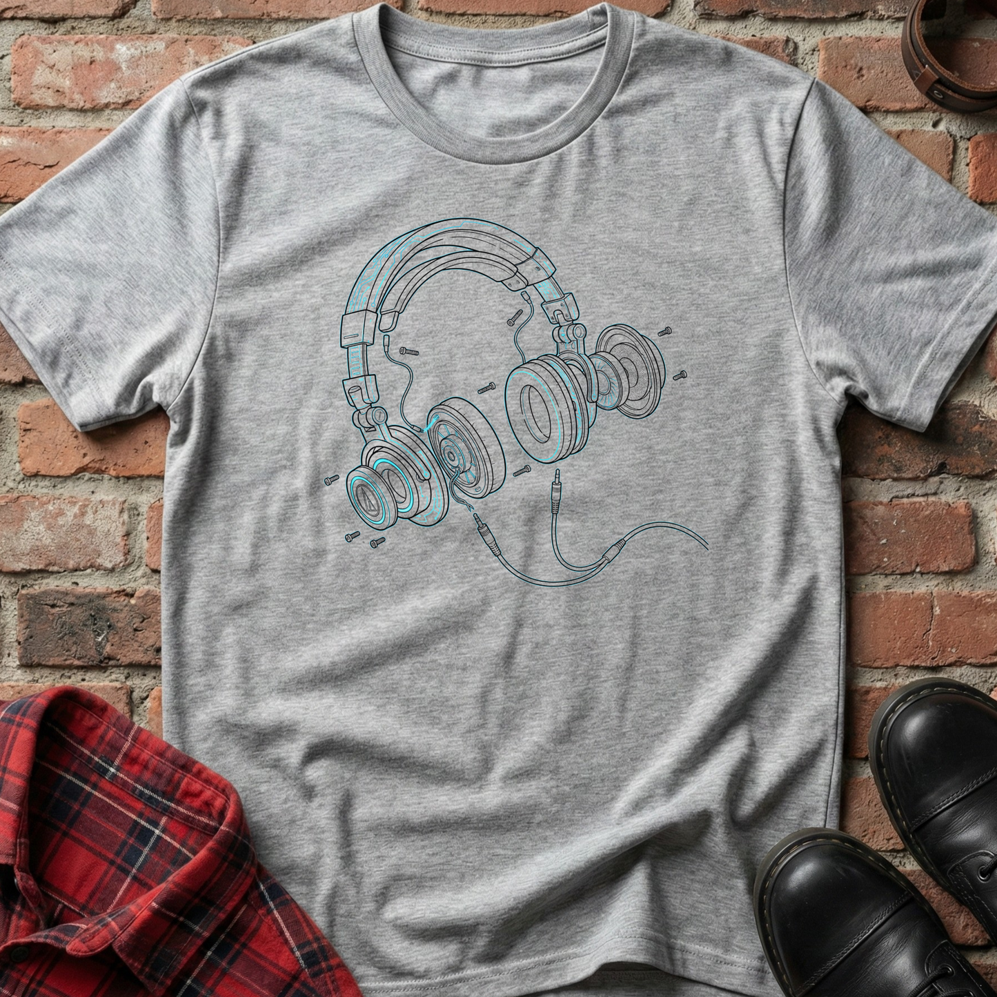 Gray t-shirt with blue headphones graphic on a brick surface. Minimalist music apparel by pemuyo.