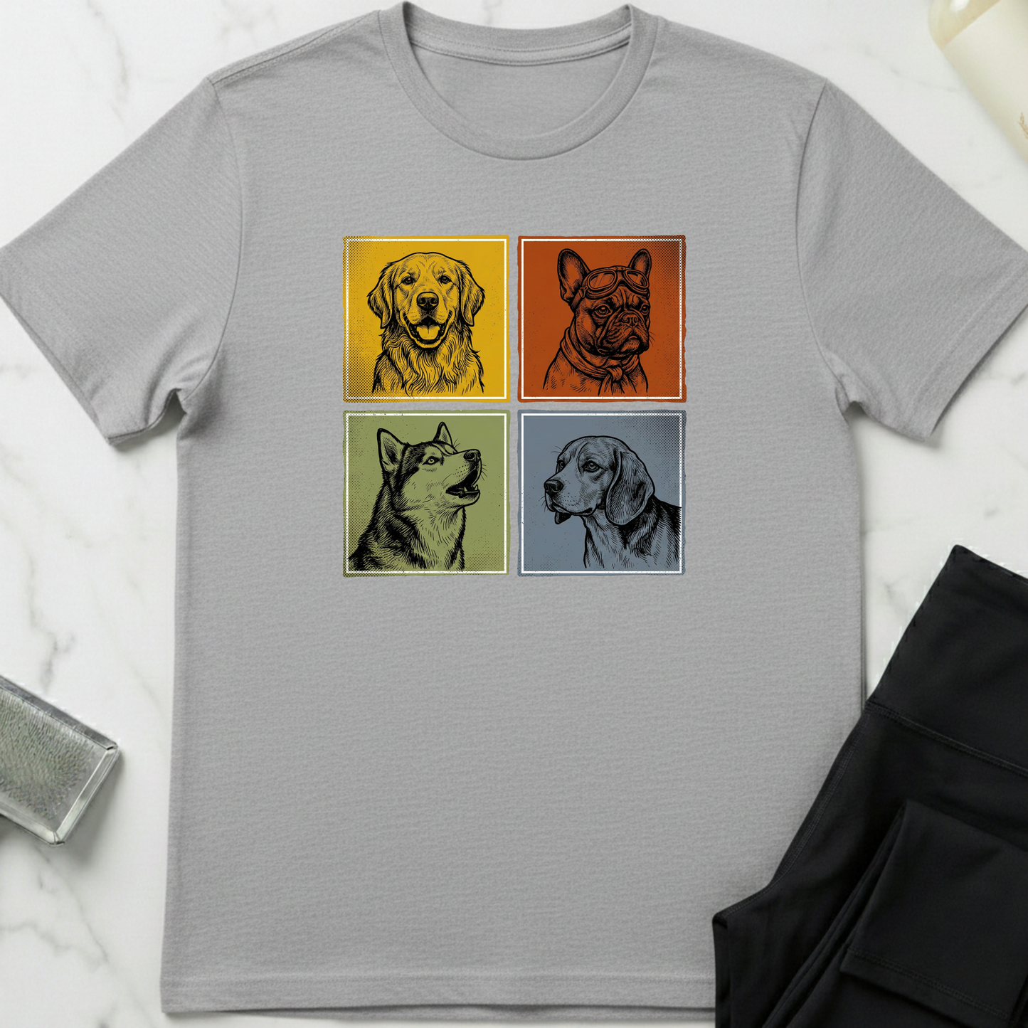 Gray t-shirt with dog portraits in four squares on a marble surface. Minimalist dog apparel by pemuyo.