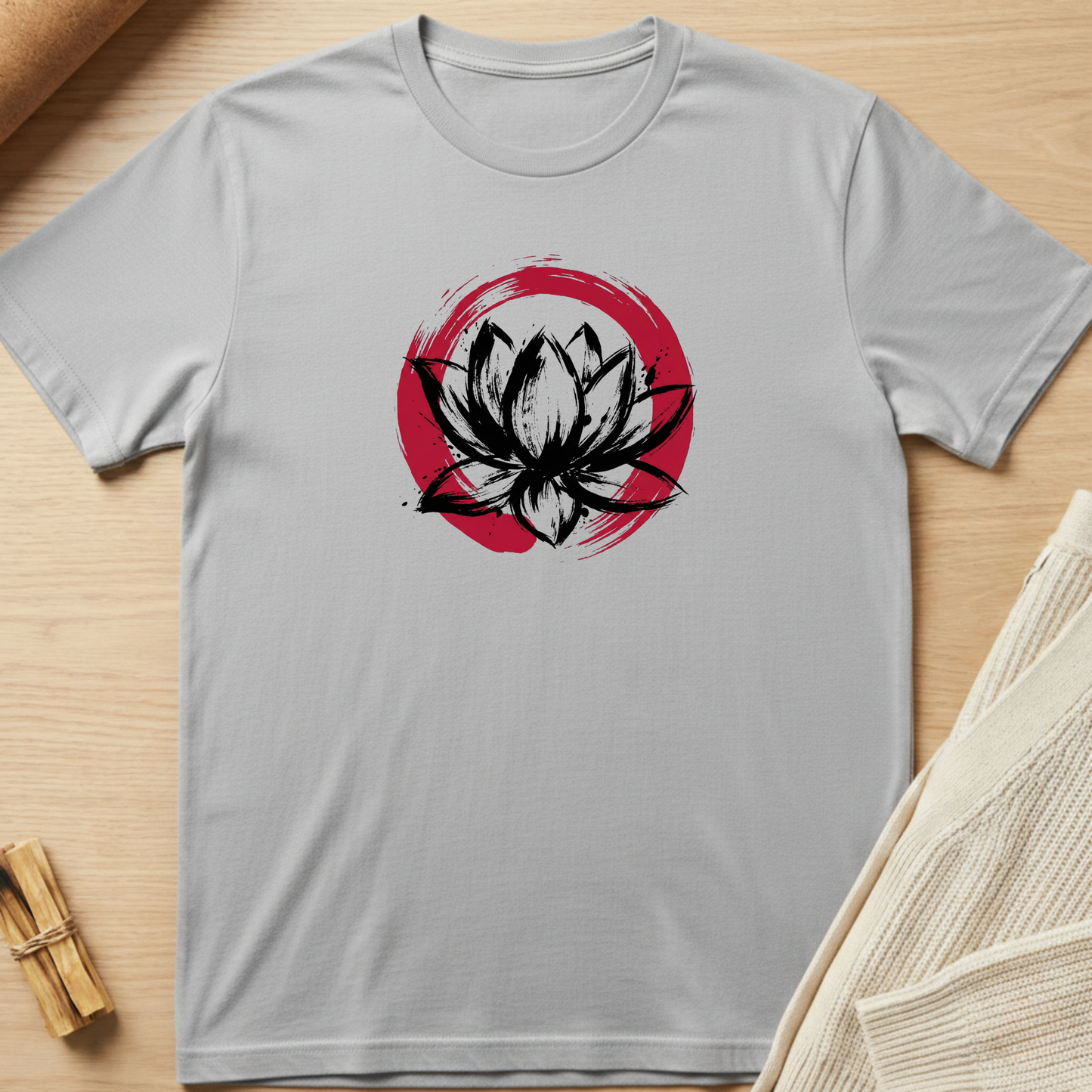 Gray t-shirt with black and red lotus flower design on a wooden surface. Minimalist yoga apparel by pemuyo.