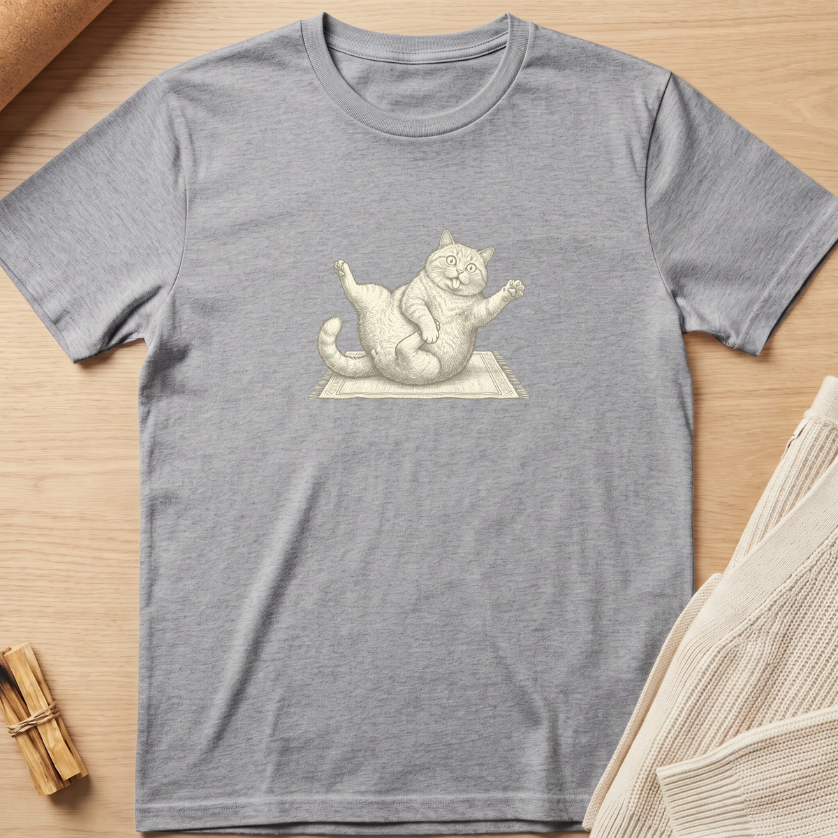 A heather gray short-sleeve crewneck t-shirt featuring a vintage-style illustration of a relaxed cat stretching on a mat, laid flat on a light wood background. Minimalist yoga apparel by pemuyo.