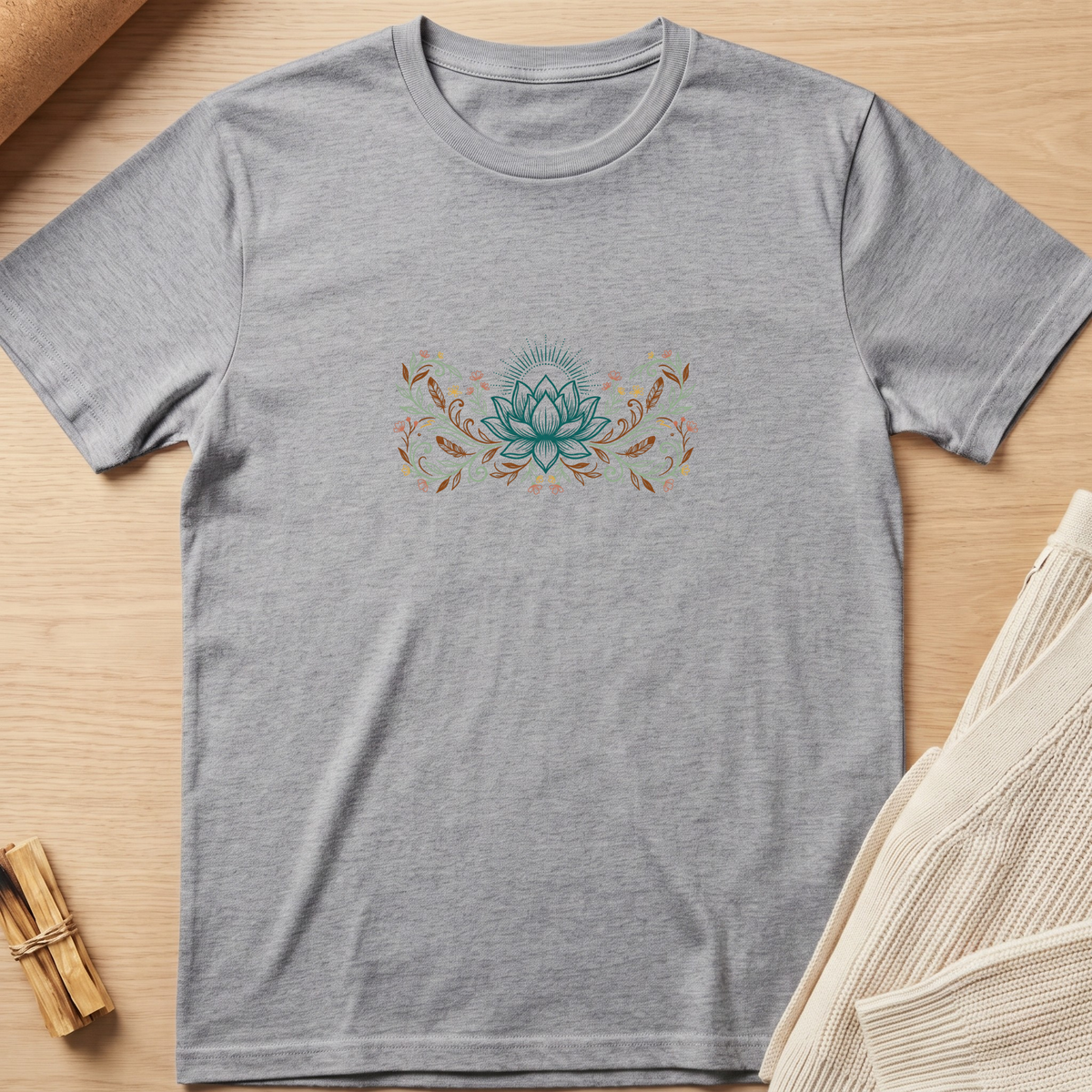 A heather gray short-sleeve t-shirt with a central teal and orange lotus flower graphic, laid flat on a light wood background with a knit fabric prop in the corner. Minimalist yoga apparel by pemuyo.