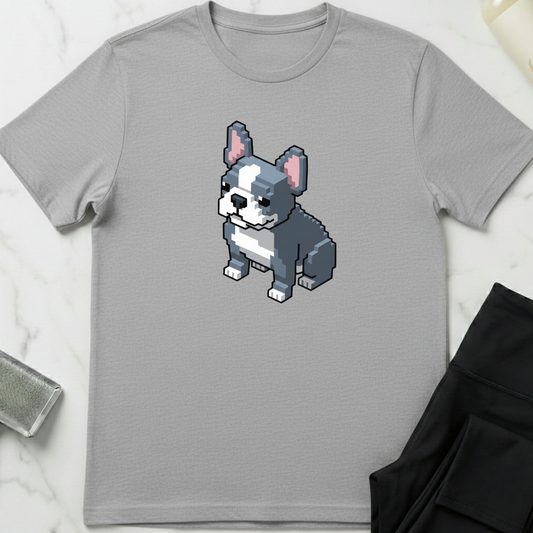 Gray t-shirt with a pixelated dog graphic on a light gray background. Minimalist dog apparel by pemuyo.