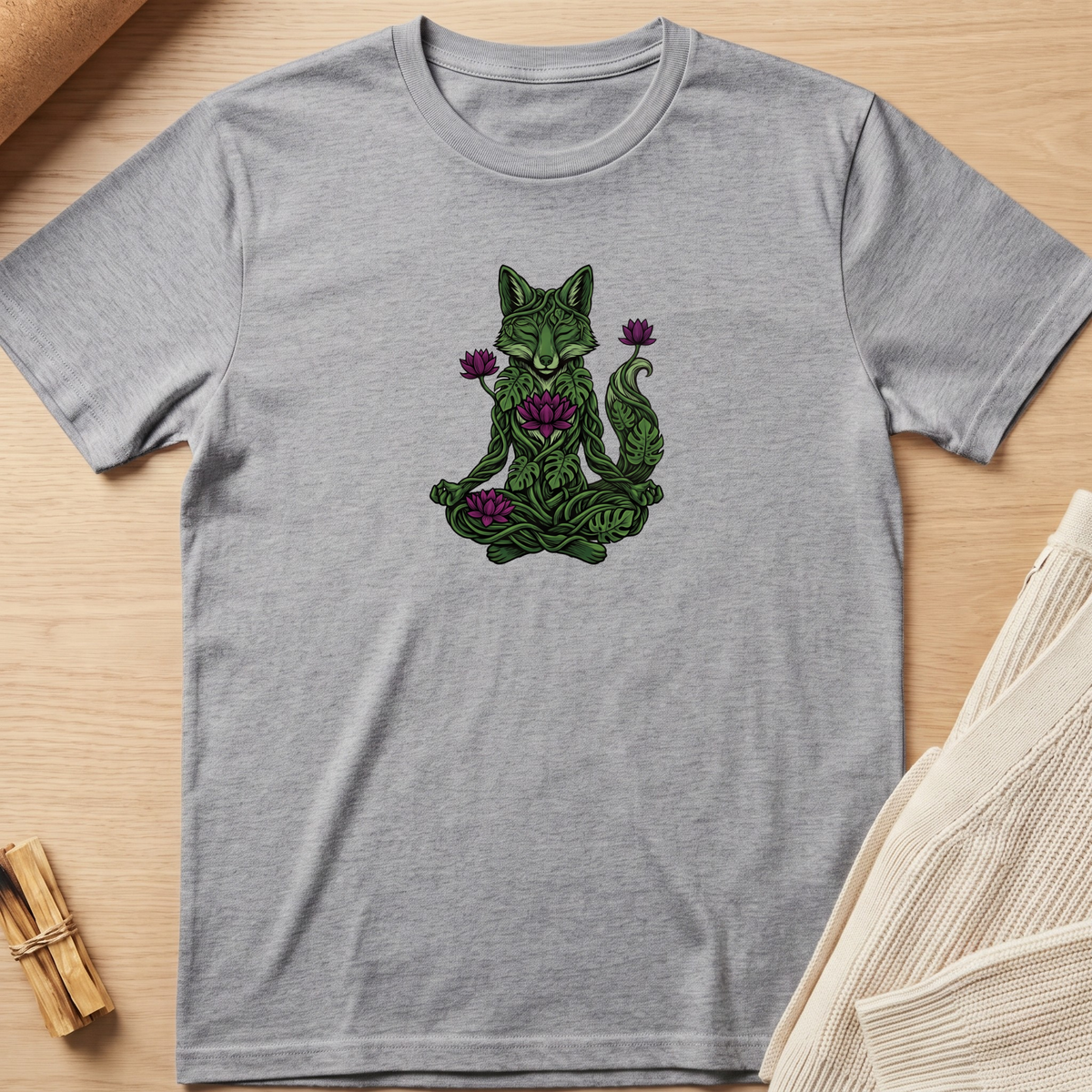 A heather gray short-sleeve t-shirt laid flat on a light wood surface, featuring a central graphic of a meditating green fox surrounded by purple flowers. Styled flat-lay props include a rolled brown paper corner, a bundle of small wooden sticks, and a cream knit fabric on the right. Minimalist yoga apparel by pemuyo.