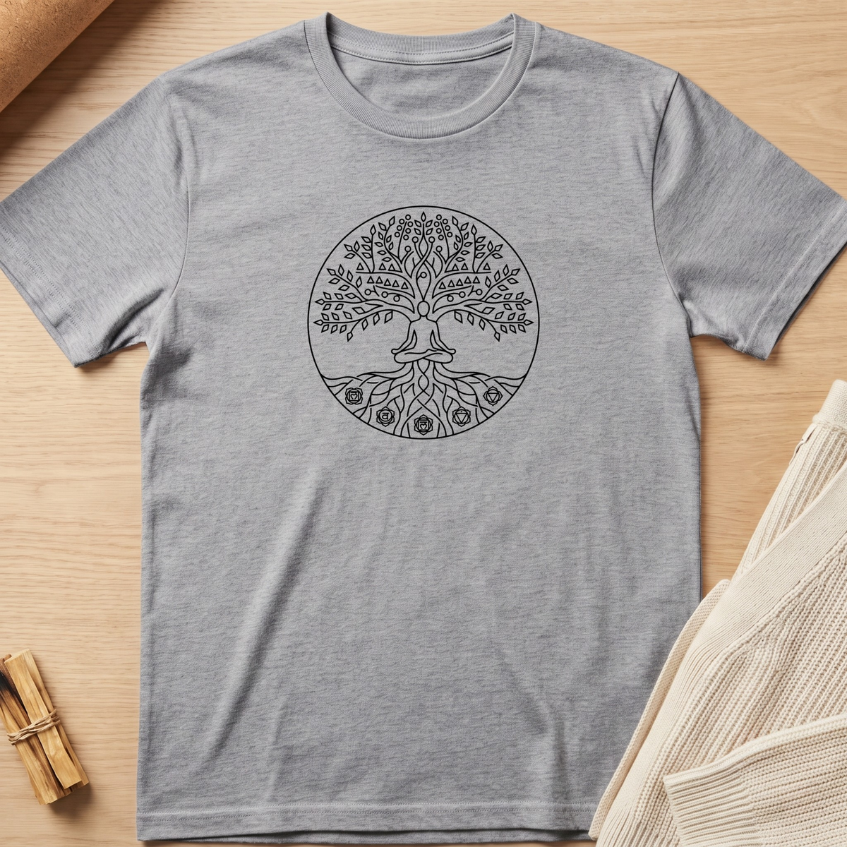 A heather gray short-sleeve t-shirt with a black circular tree of life graphic on the chest, laid flat on a light wood background with neutral props. Minimalist yoga apparel by pemuyo.