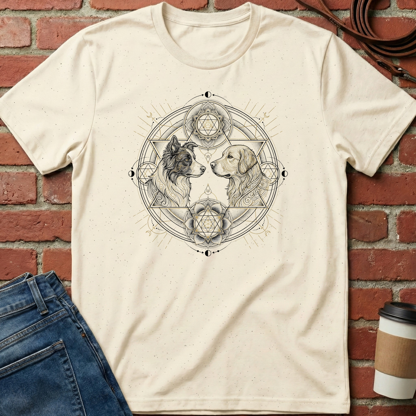 Beige t-shirt with dog illustration on a brick wall background. Minimalist dog apparel by pemuyo.