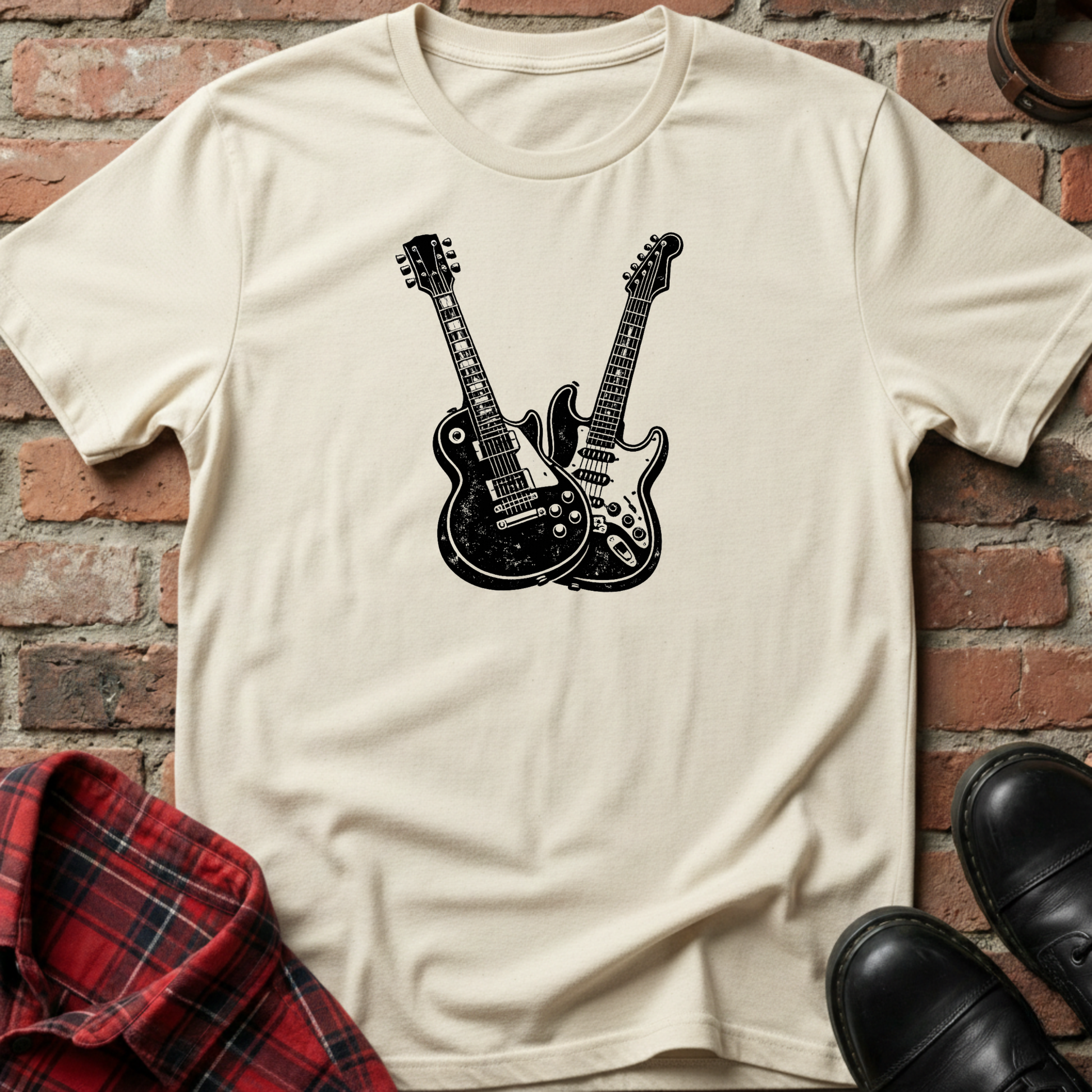 Beige t-shirt with black guitar design on a brick wall background. Minimalist music apparel by pemuyo.