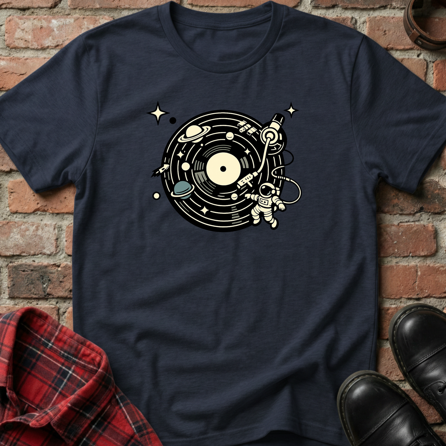 Navy blue t-shirt with space-themed design on a brick wall background. Minimalist music apparel by pemuyo.