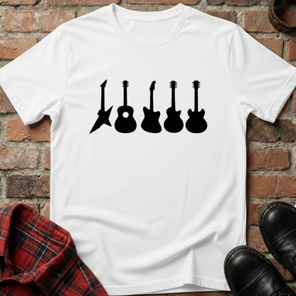 White t-shirt with black guitar silhouettes on a brick surface. Minimalist music apparel by pemuyo.