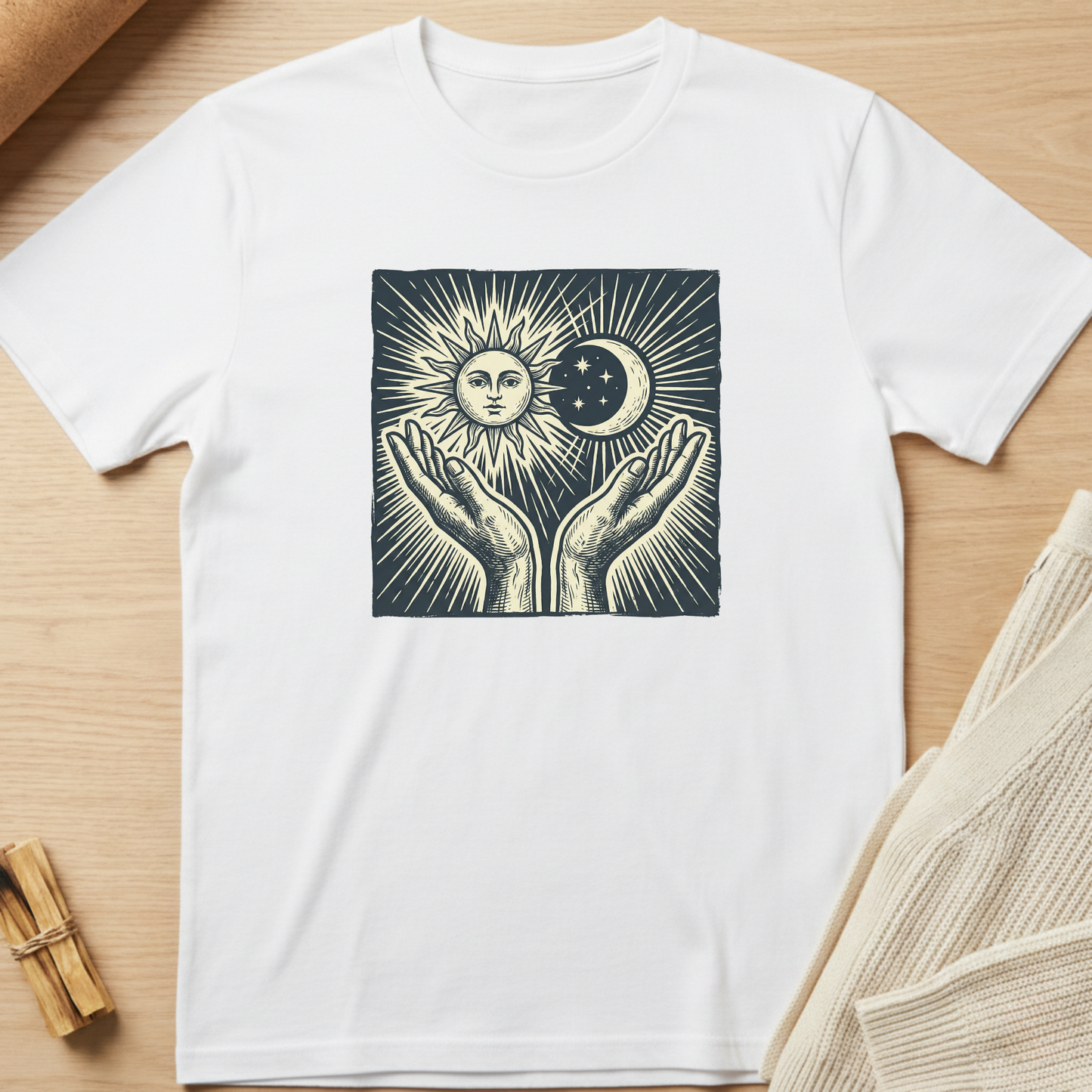 White t-shirt with a graphic design of hands holding the sun and moon on a wooden surface. Minimalist yoga apparel by pemuyo.