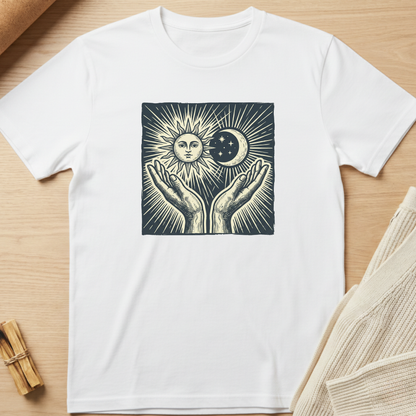 White t-shirt with a graphic design of hands holding the sun and moon on a wooden surface. Minimalist yoga apparel by pemuyo.