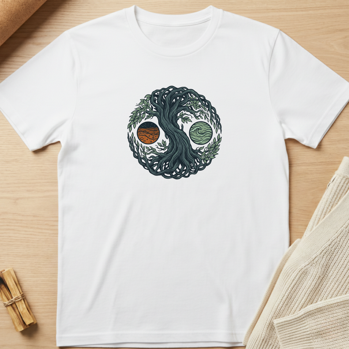 A white short-sleeve crewneck t-shirt laid flat on a light wood surface, featuring a central graphic of a yin-yang style tree of life with two planets inside. Minimalist yoga apparel by pemuyo.