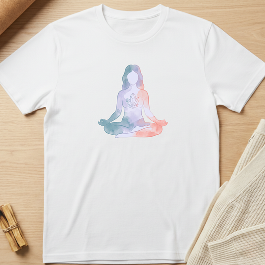 A white short-sleeve crewneck t-shirt laid flat on a light wood surface, featuring a watercolor-style graphic of a meditating figure in pastel blue, purple, and pink tones on the chest. Minimalist yoga apparel by pemuyo.