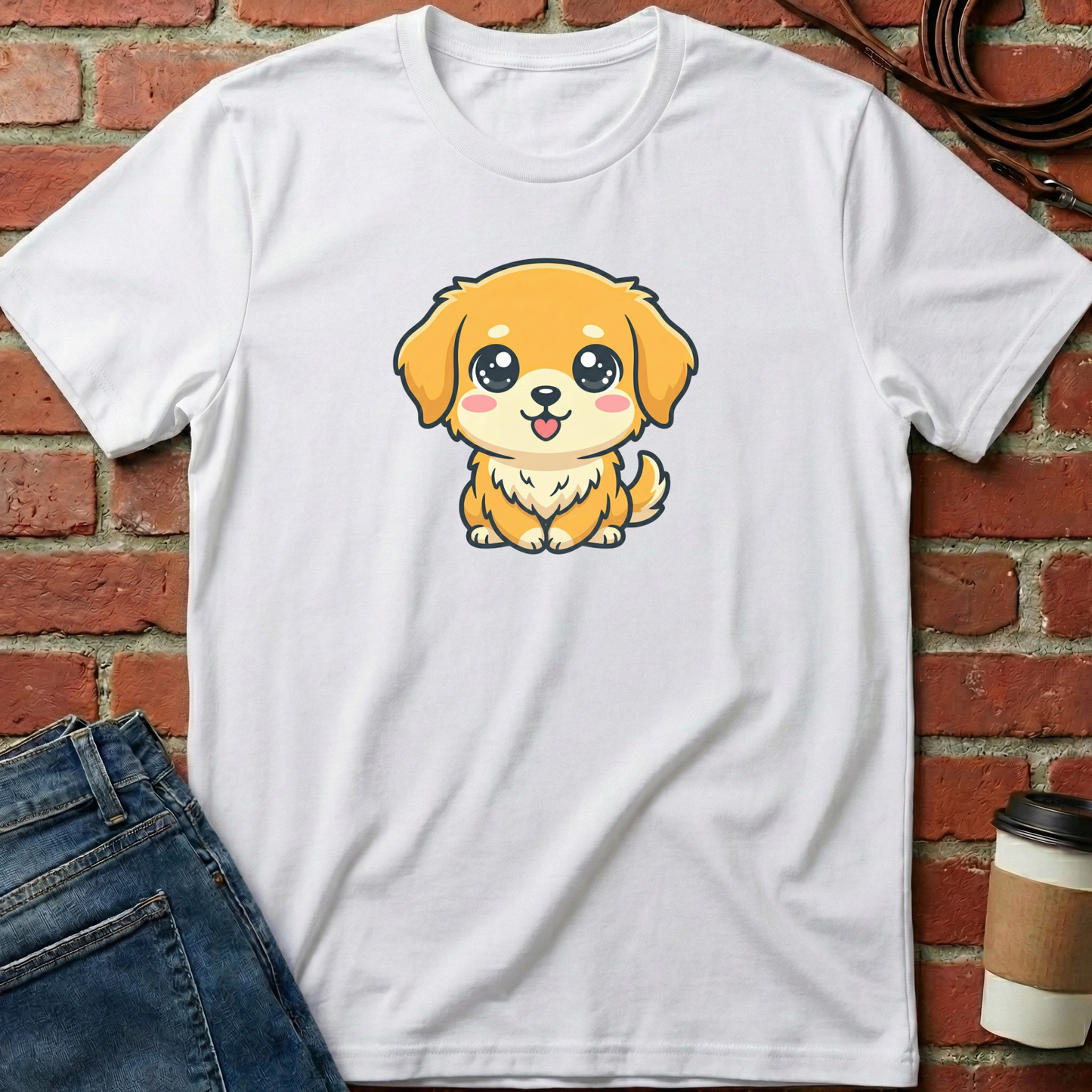 White t-shirt with a cartoon dog design on a brick wall background. Minimalist dog apparel by pemuyo.