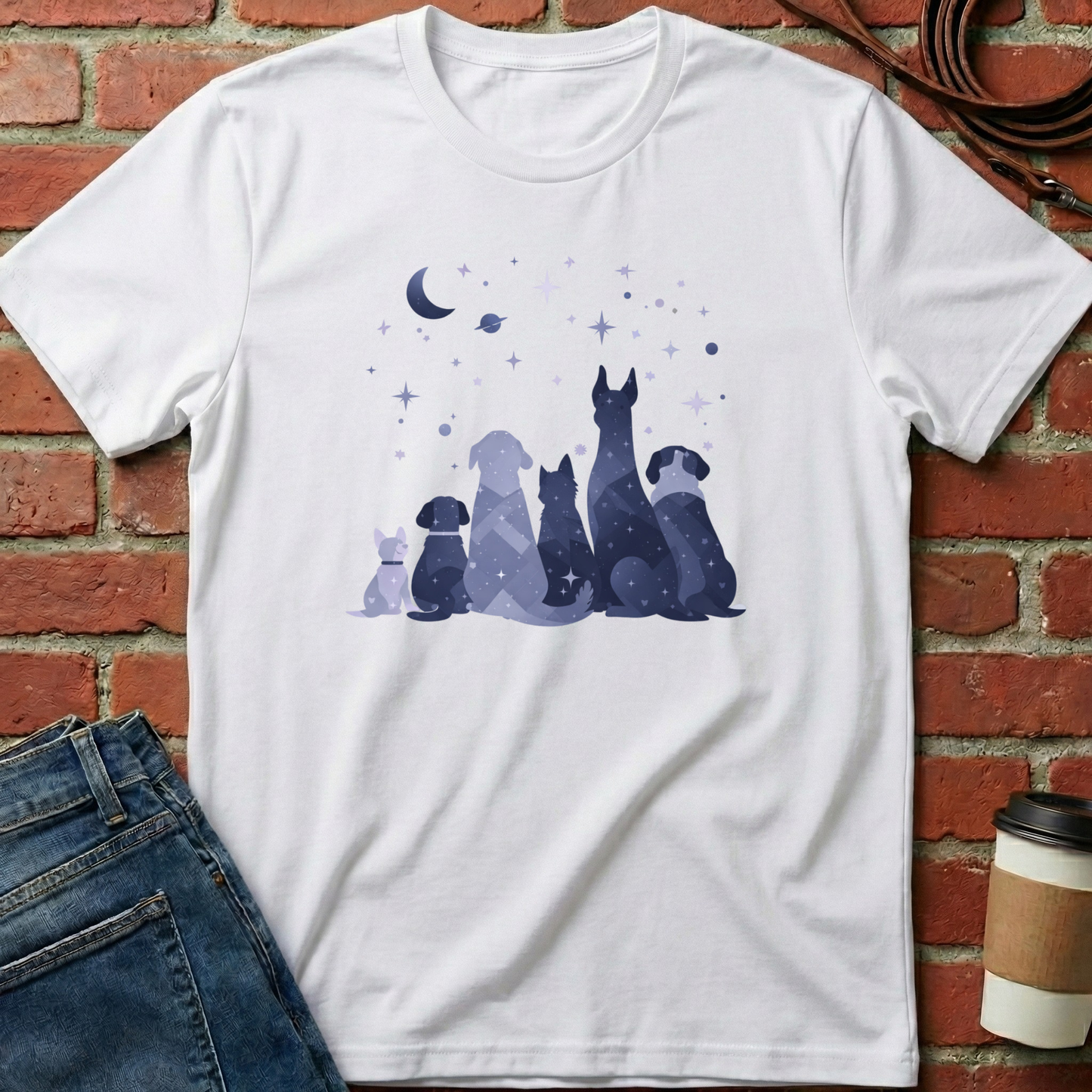 White t-shirt with dog illustration on a brick wall background. Minimalist dog apparel by pemuyo.