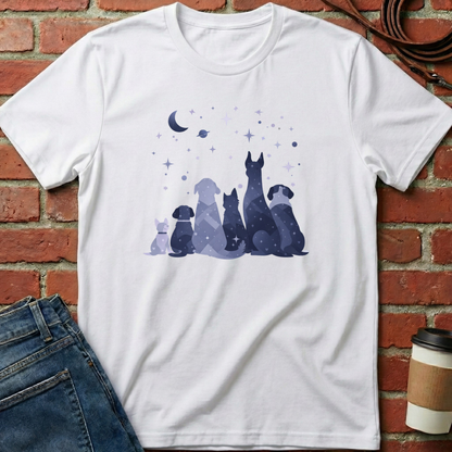 White t-shirt with dog illustration on a brick wall background. Minimalist dog apparel by pemuyo.