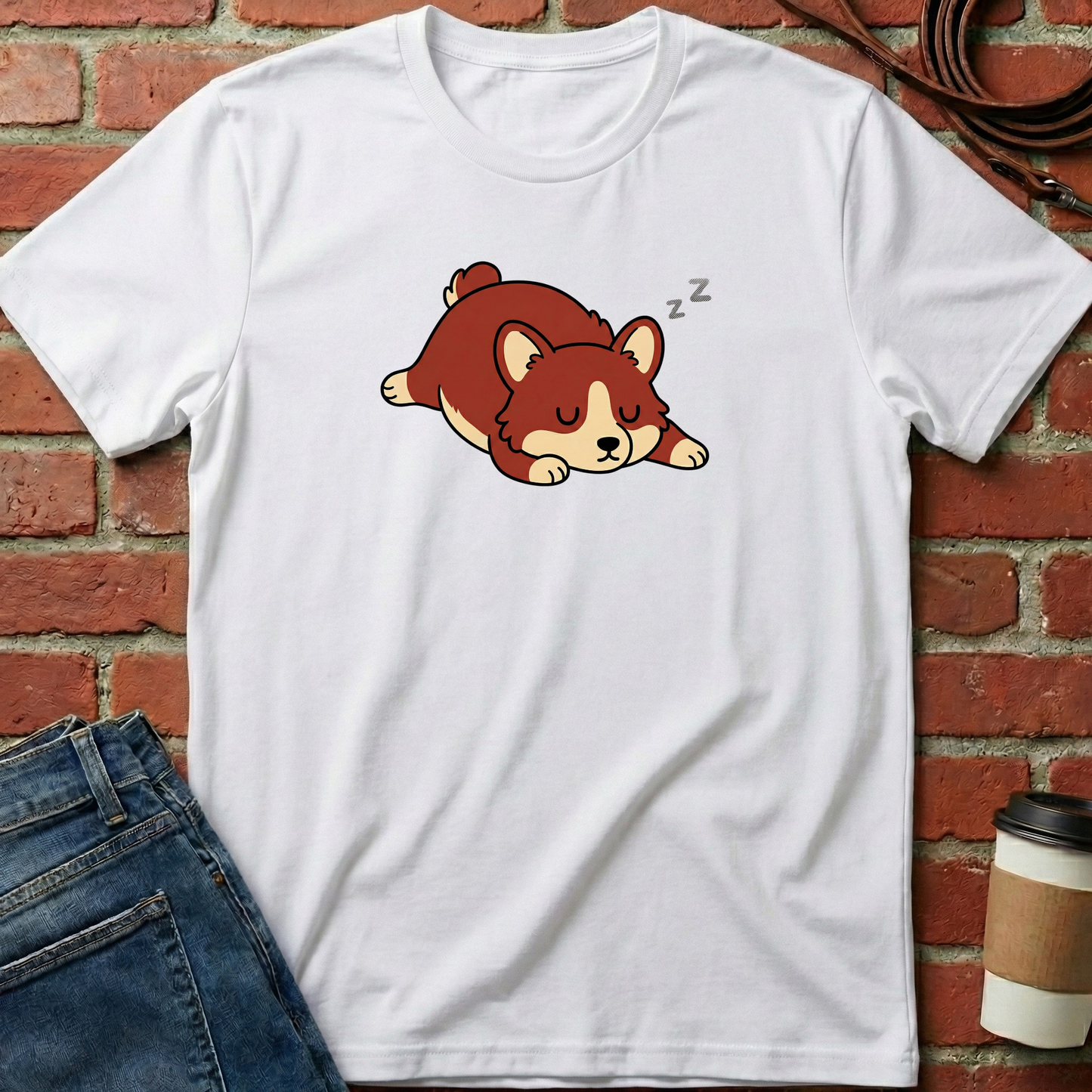 White t-shirt with a cartoon dog design on a brick wall background. Minimalist dog apparel by pemuyo.