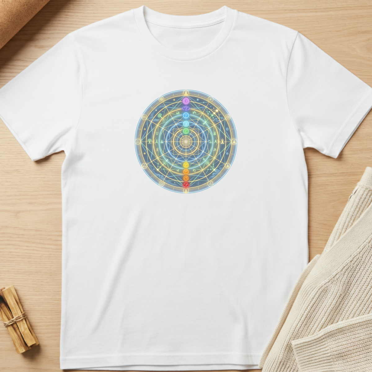 A white short-sleeve crewneck t-shirt laid flat on a light wood surface, featuring a colorful circular chakra graphic printed on the chest. The graphic displays seven colored energy points (purple, blue, green, yellow, orange, red) arranged vertically in a web pattern. Minimalist yoga apparel by pemuyo.