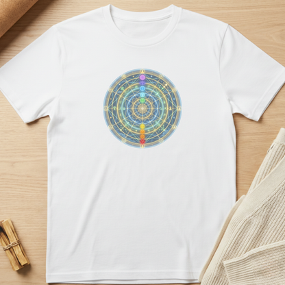 A white short-sleeve crewneck t-shirt laid flat on a light wood surface, featuring a colorful circular chakra graphic printed on the chest. The graphic displays seven colored energy points (purple, blue, green, yellow, orange, red) arranged vertically in a web pattern. Minimalist yoga apparel by pemuyo.