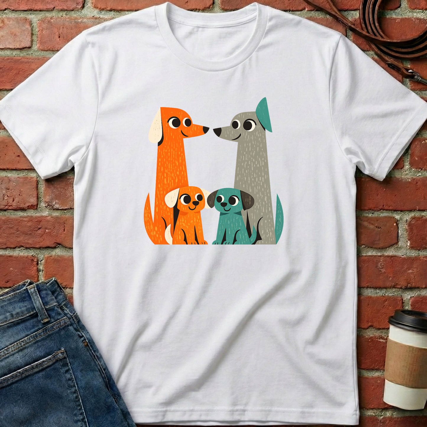 White t-shirt with cartoon dogs design against a brick wall. Minimalist dog apparel by pemuyo.