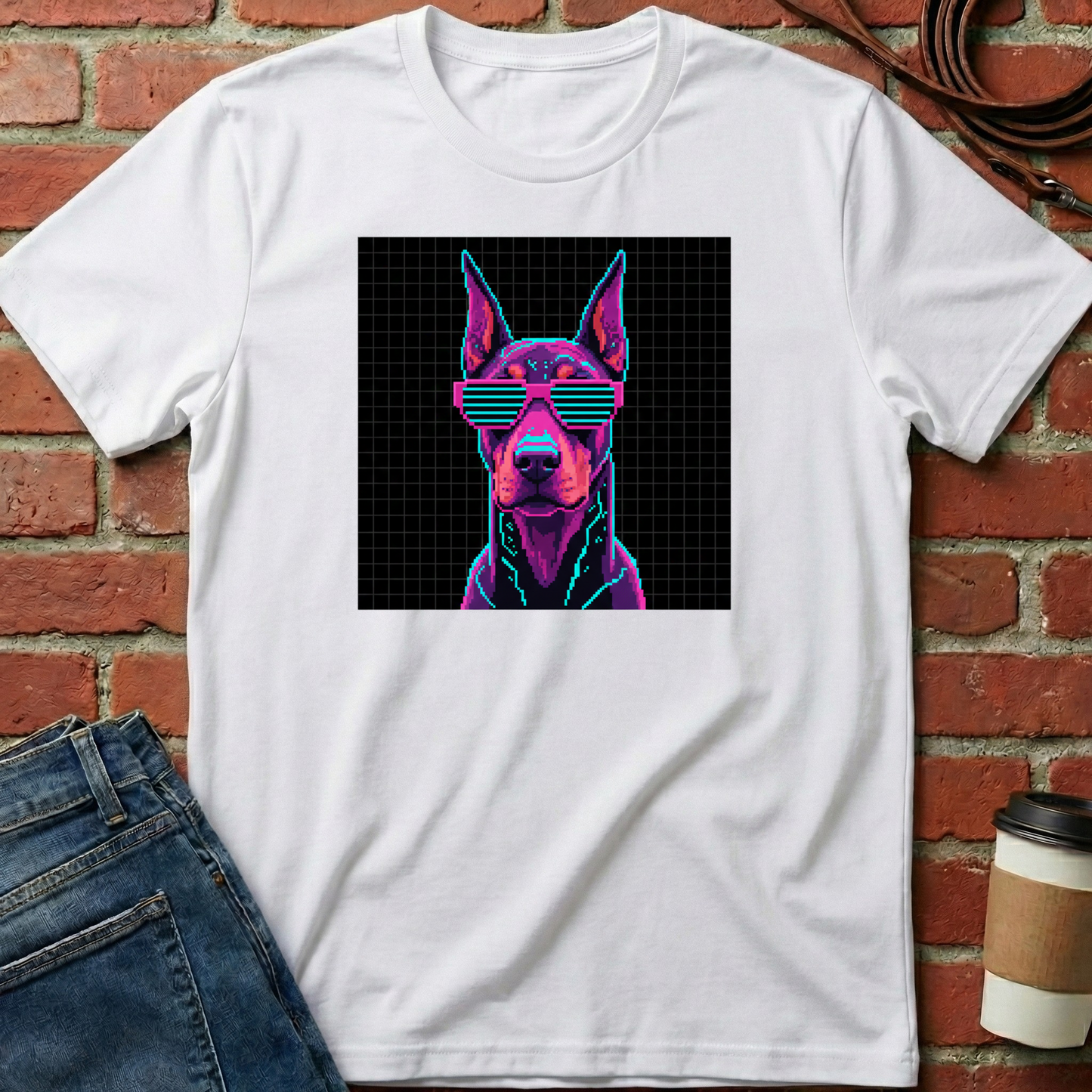 White t-shirt with a colorful dog graphic on a brick wall background. Minimalist dog apparel by pemuyo.