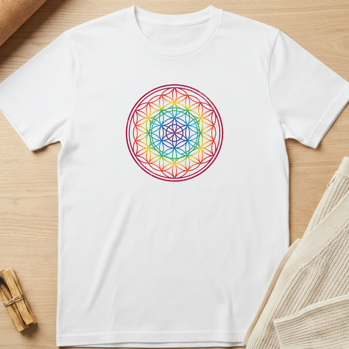 A white short-sleeve crewneck t-shirt laid flat on a light wood surface, featuring a colorful geometric mandala print on the chest. The design uses a rainbow gradient of red, orange, yellow, green, blue, and purple lines forming a circular pattern. Minimalist yoga apparel by pemuyo.
