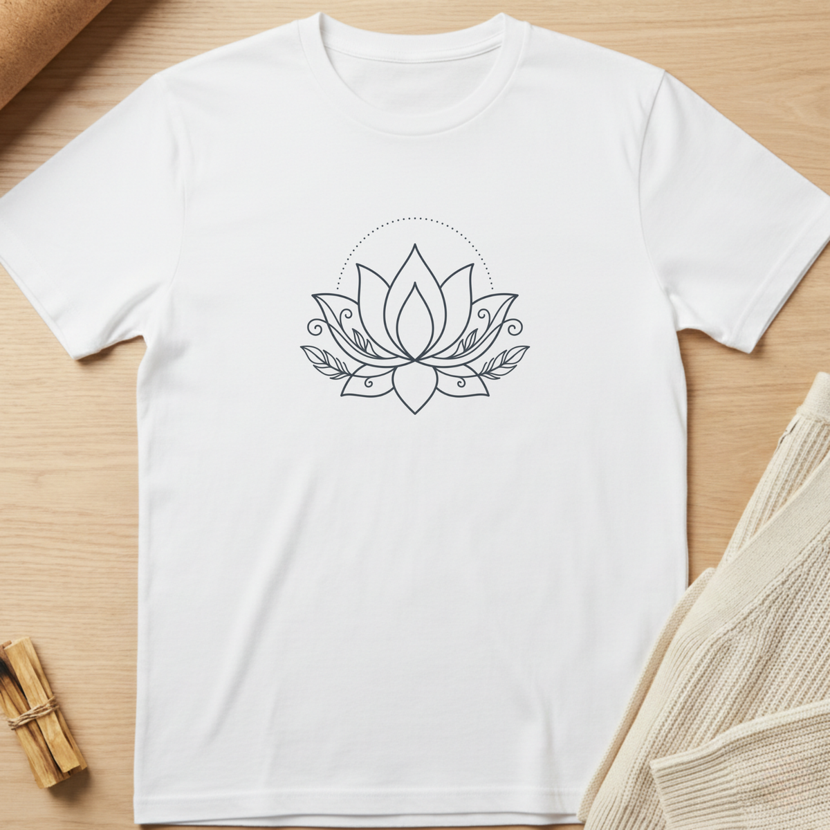 A white short-sleeve crewneck t-shirt with a black line art lotus flower graphic on the chest, displayed flat on a light wood background with neutral props. Minimalist yoga apparel by pemuyo.
