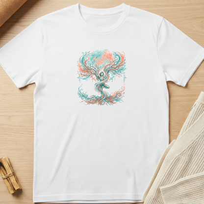A white short-sleeve crewneck t-shirt laid flat on a light wood surface, featuring a colorful graphic of a meditating figure with flowing teal and coral hair. Styled flat-lay props include a rolled tan paper corner, a small bundle of wooden sticks, and a beige knit fabric on the right. Minimalist yoga apparel by pemuyo.