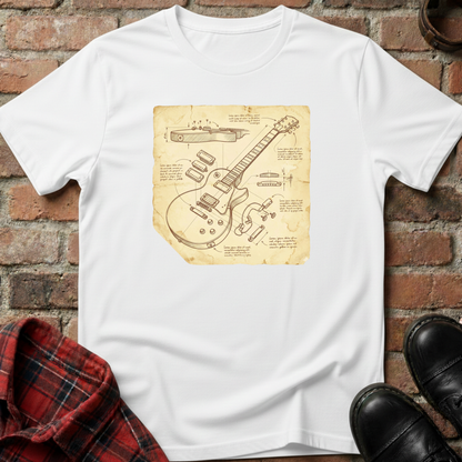 White t-shirt with guitar blueprint design on a brick surface. Minimalist music apparel by pemuyo.
