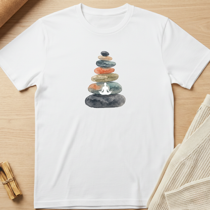 A white short-sleeve crewneck t-shirt laid flat on a light wood surface, featuring a colorful graphic of a lotus flower and chakras on the chest. Styled flat-lay props include a rolled beige towel and a small bundle of wooden sticks. Minimalist yoga apparel by pemuyo.