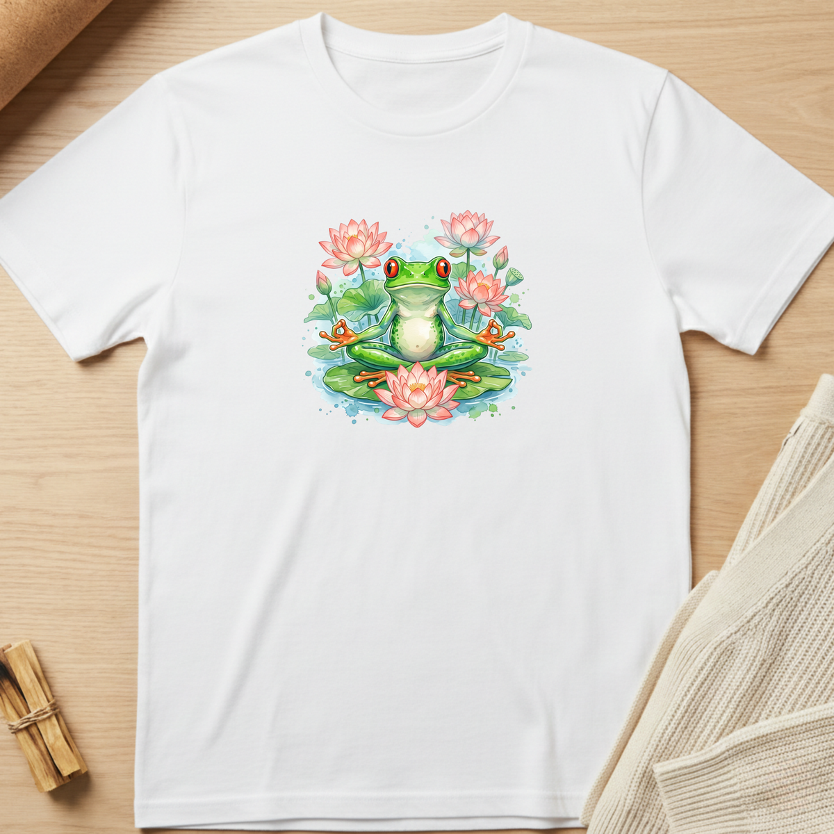 A white short-sleeve crewneck t-shirt laid flat on a light wood surface, featuring a colorful watercolor graphic of a green frog meditating on a lily pad surrounded by pink lotus flowers. Minimalist yoga apparel by pemuyo.