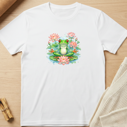 A white short-sleeve crewneck t-shirt laid flat on a light wood surface, featuring a colorful watercolor graphic of a green frog meditating on a lily pad surrounded by pink lotus flowers. Minimalist yoga apparel by pemuyo.