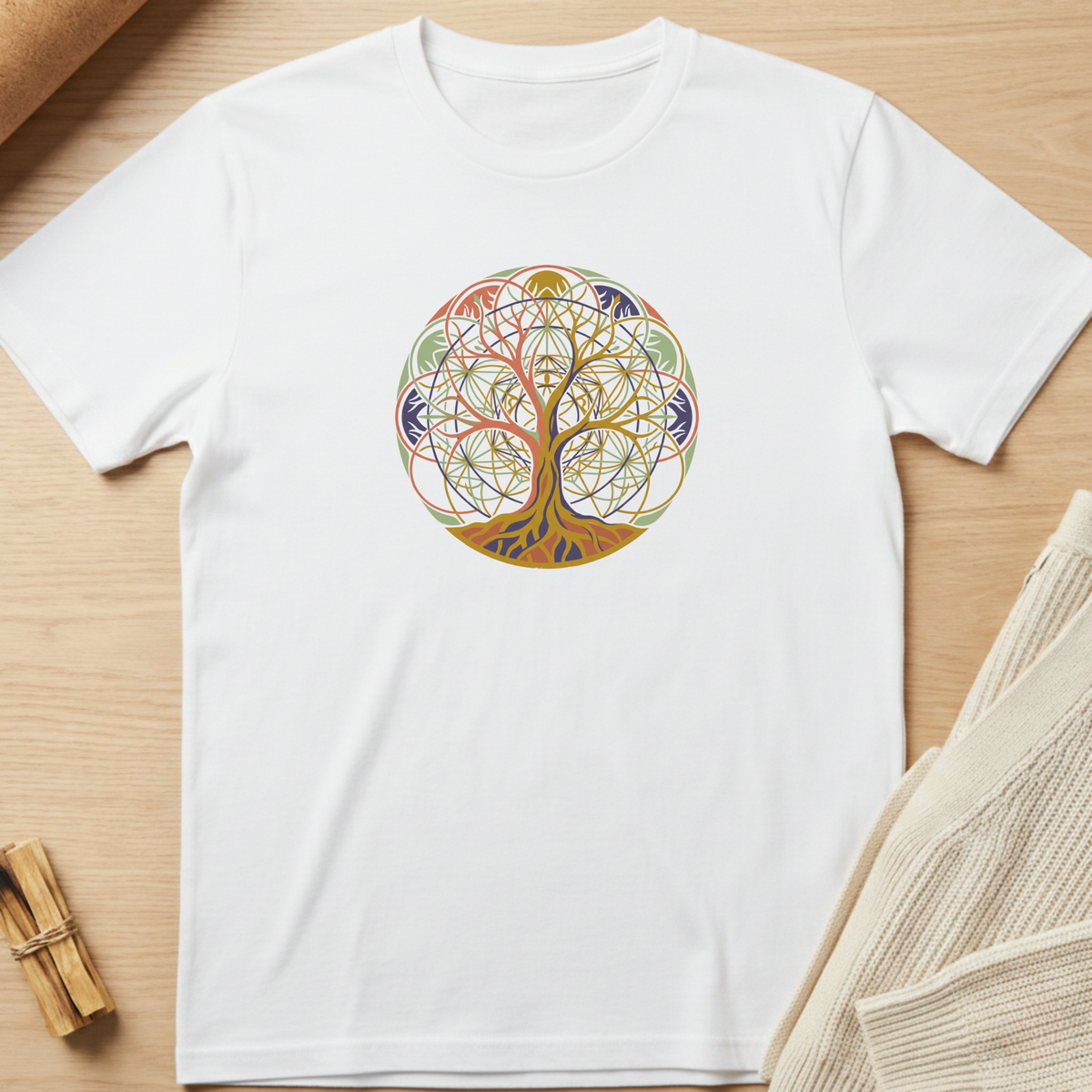 A white short-sleeve crewneck t-shirt laid flat on a light wood surface, featuring a colorful circular tree of life graphic printed on the chest. The graphic contains multiple shades of green, gold, red, and blue. Minimalist yoga apparel by pemuyo.
