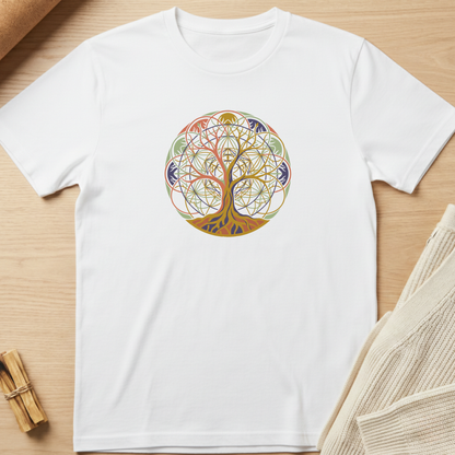 A white short-sleeve crewneck t-shirt laid flat on a light wood surface, featuring a colorful circular tree of life graphic printed on the chest. The graphic contains multiple shades of green, gold, red, and blue. Minimalist yoga apparel by pemuyo.