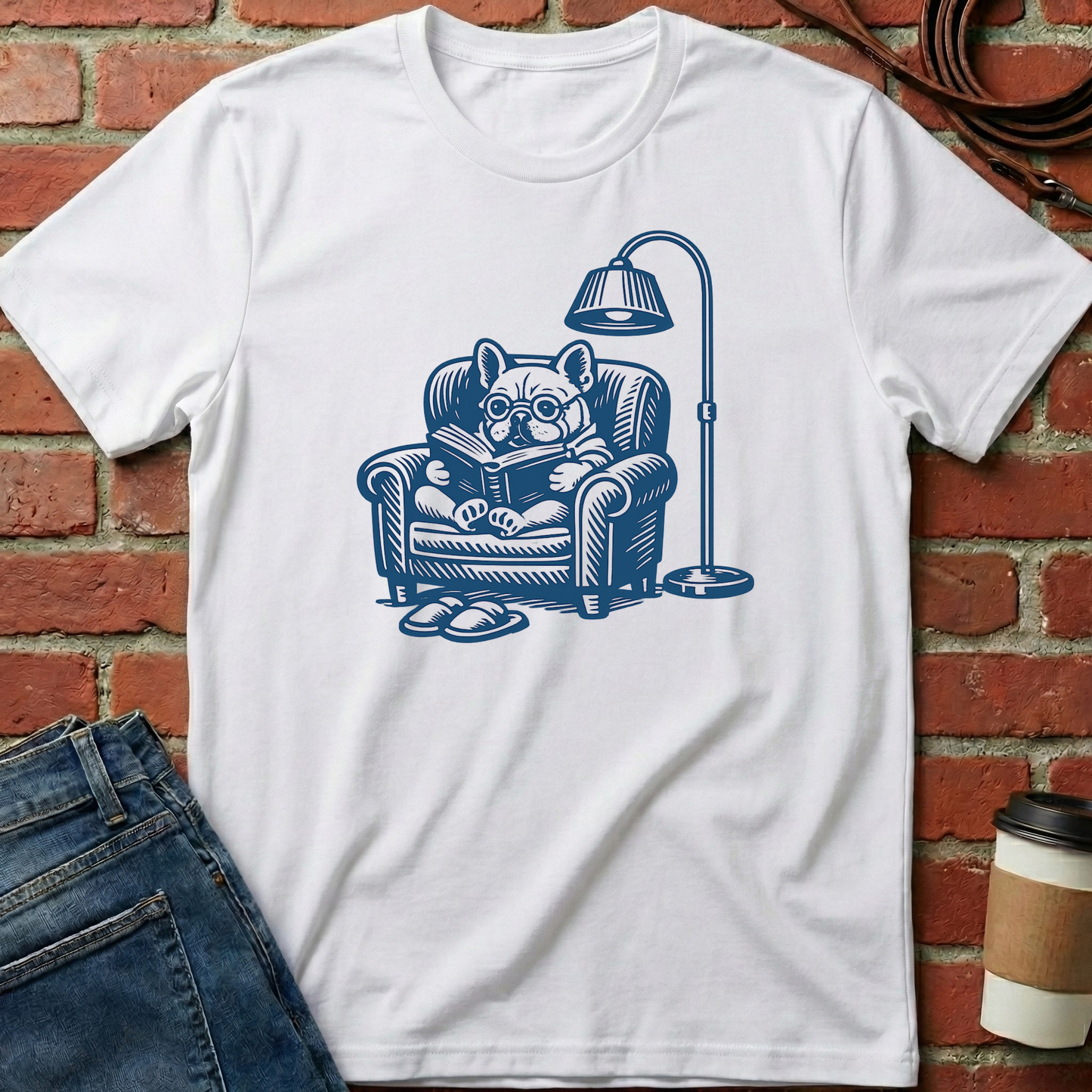White t-shirt with a blue graphic of a dog reading a book on an armchair, placed against a brick wall. Minimalist dog apparel by pemuyo.