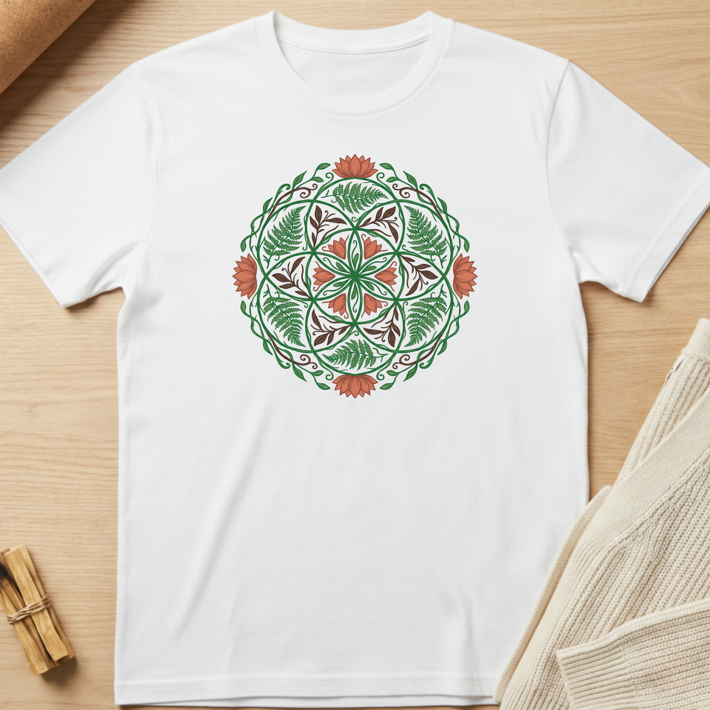 White t-shirt with a green and red floral mandala design on a wooden surface. Minimalist yoga apparel by pemuyo.