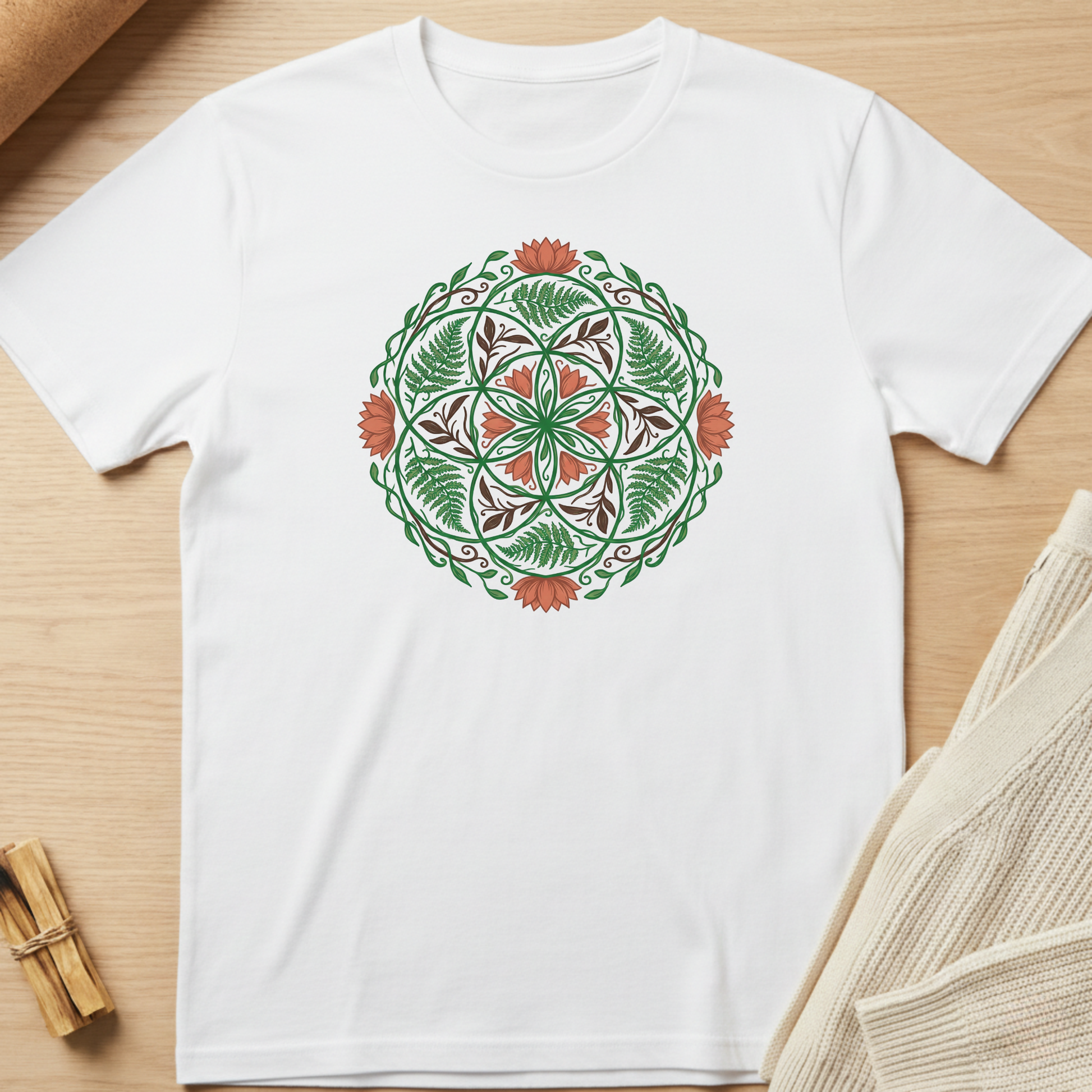 White t-shirt with a green and red floral mandala design on a wooden surface. Minimalist yoga apparel by pemuyo.