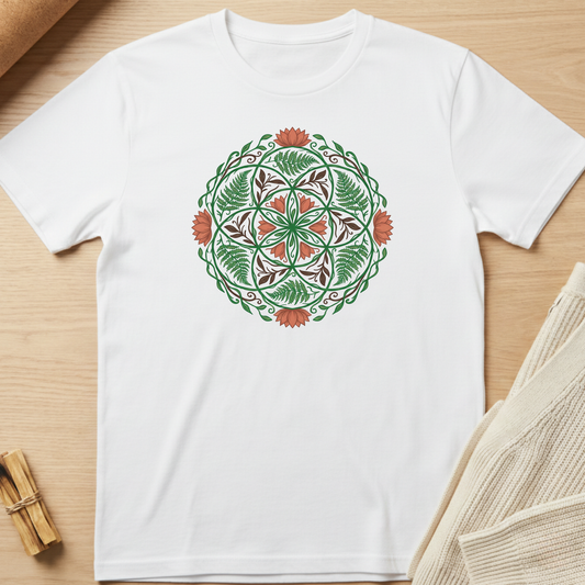 White t-shirt with a green and red floral mandala design on a wooden surface. Minimalist yoga apparel by pemuyo.