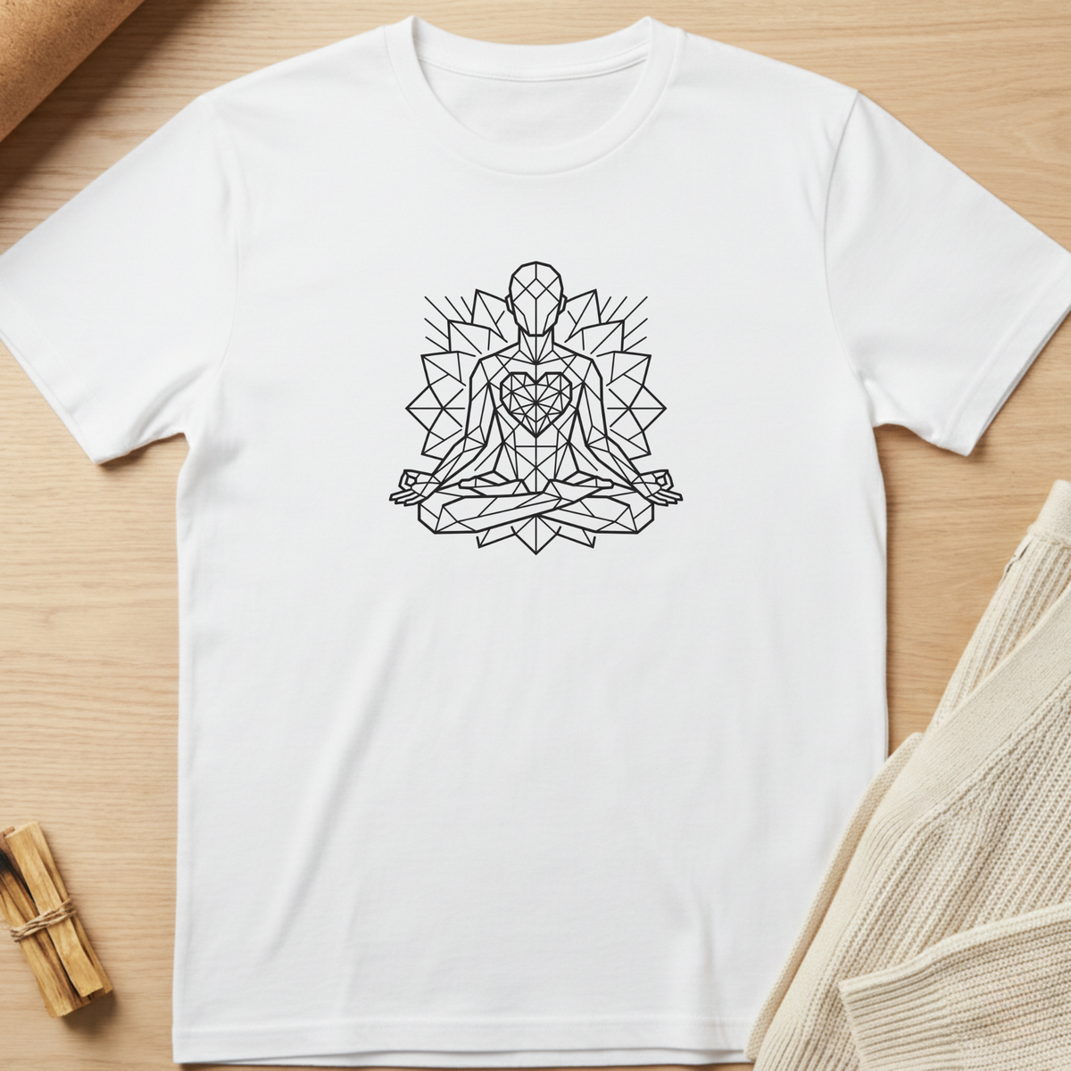 A white short-sleeve crewneck t-shirt with a black geometric line art graphic of a meditating figure, laid flat on a light wood background with neutral props. Minimalist yoga apparel by pemuyo.