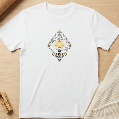 A white short-sleeve crewneck t-shirt laid flat on a light wood background, featuring a central graphic of a diamond-shaped design with a yellow sun and blue hands. Minimalist yoga apparel by pemuyo.