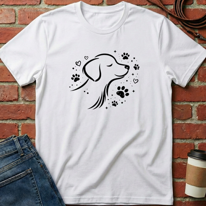 White t-shirt with a dog illustration and paw prints on a brick wall background. Minimalist dog apparel by pemuyo.
