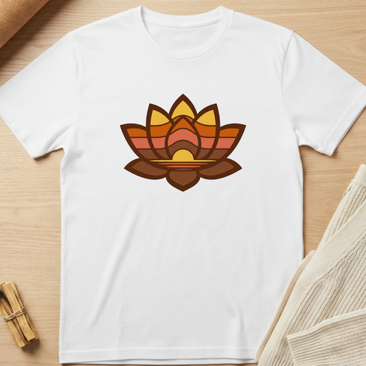 White t-shirt with a colorful lotus flower design on a wooden surface. Minimalist yoga apparel by pemuyo.