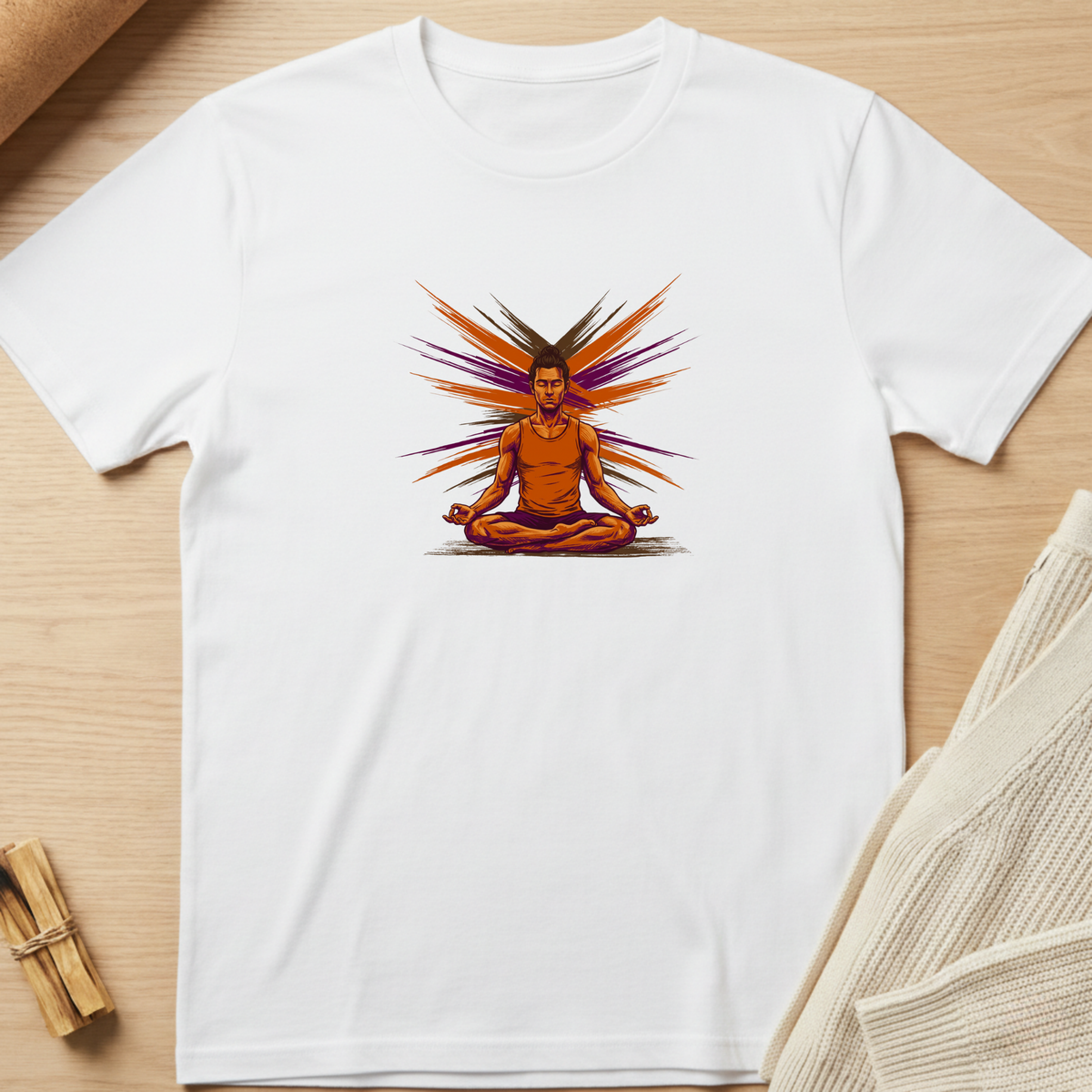 A white short-sleeve crewneck t-shirt laid flat on a light wood surface, featuring a colorful graphic of a man meditating with orange and purple rays behind him. Styled flat-lay props include a rolled beige fabric and a small bundle of wooden sticks. Minimalist yoga apparel by pemuyo.