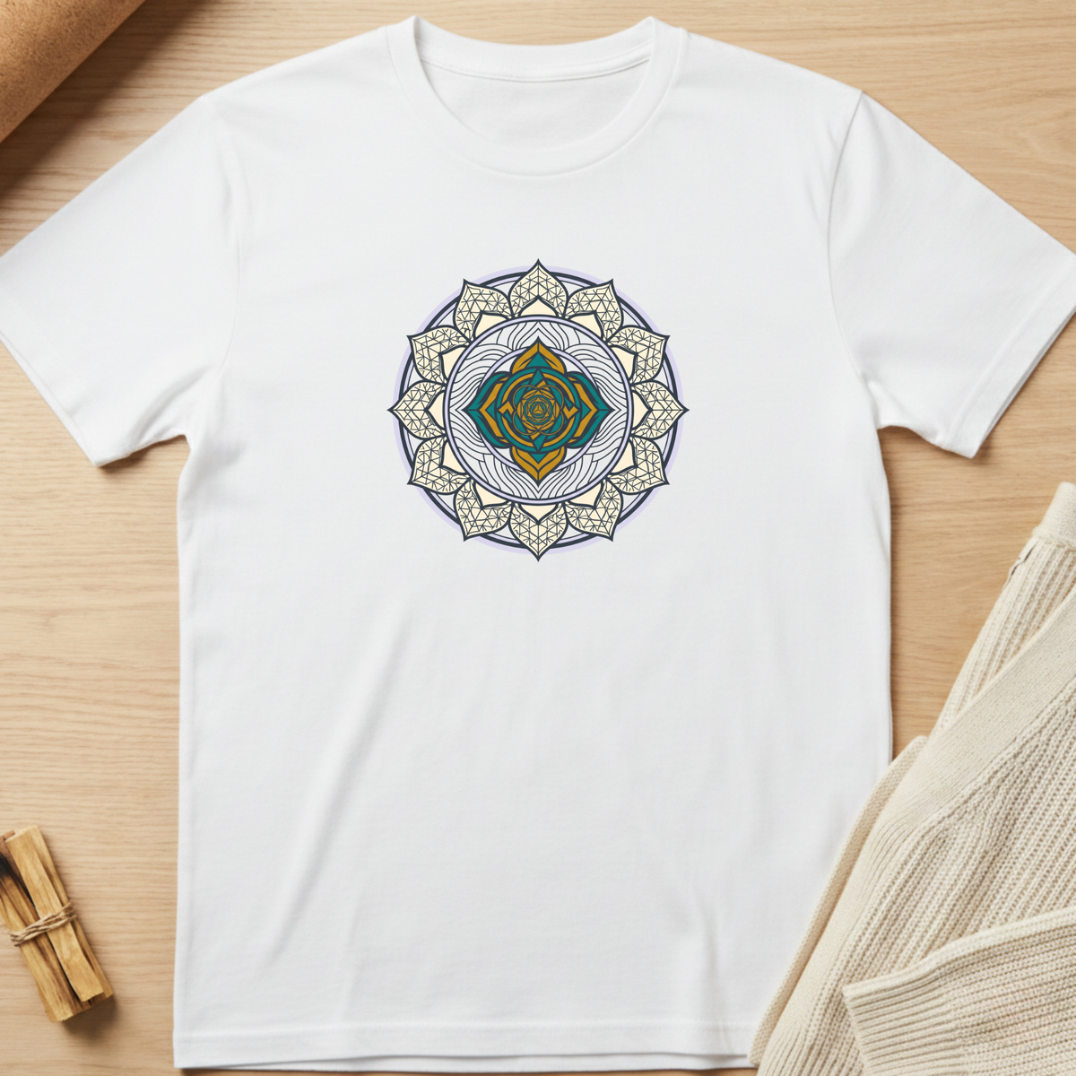 A white short-sleeve crewneck t-shirt laid flat on a light wood surface, featuring a central mandala-style graphic with blue, gold, and cream details. Styled flat-lay props include a rolled tan material in the top-left and a folded cream knit fabric in the bottom-right. Minimalist yoga apparel by pemuyo.