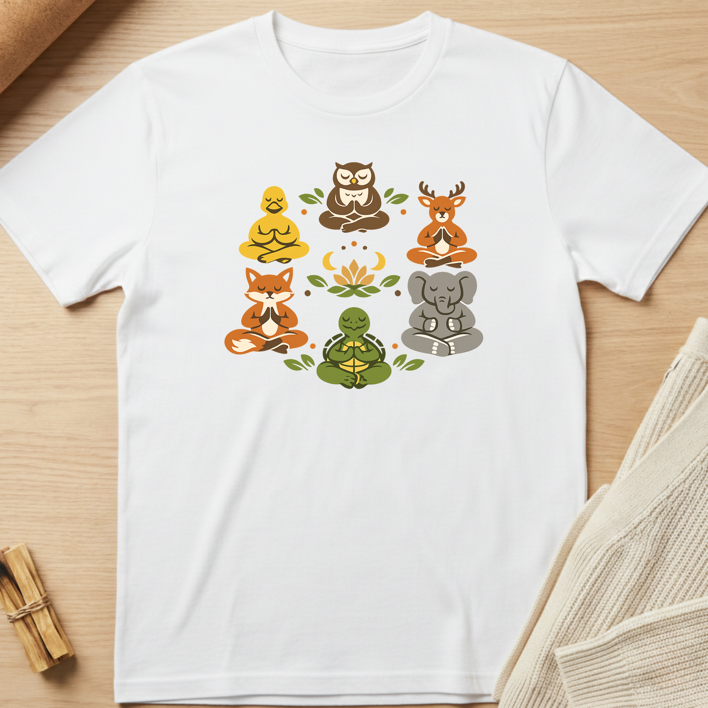 White t-shirt with animal illustrations in a meditative pose on a wooden surface. Minimalist yoga apparel by pemuyo.