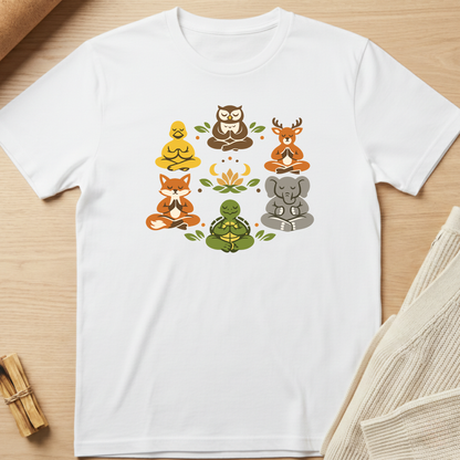 White t-shirt with animal illustrations in a meditative pose on a wooden surface. Minimalist yoga apparel by pemuyo.