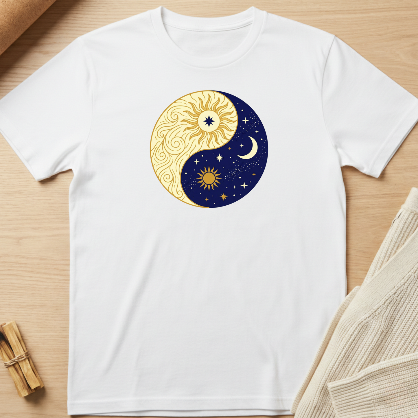 White t-shirt with a yin yang design featuring sun and moon on a wooden surface. Minimalist yoga apparel by pemuyo.