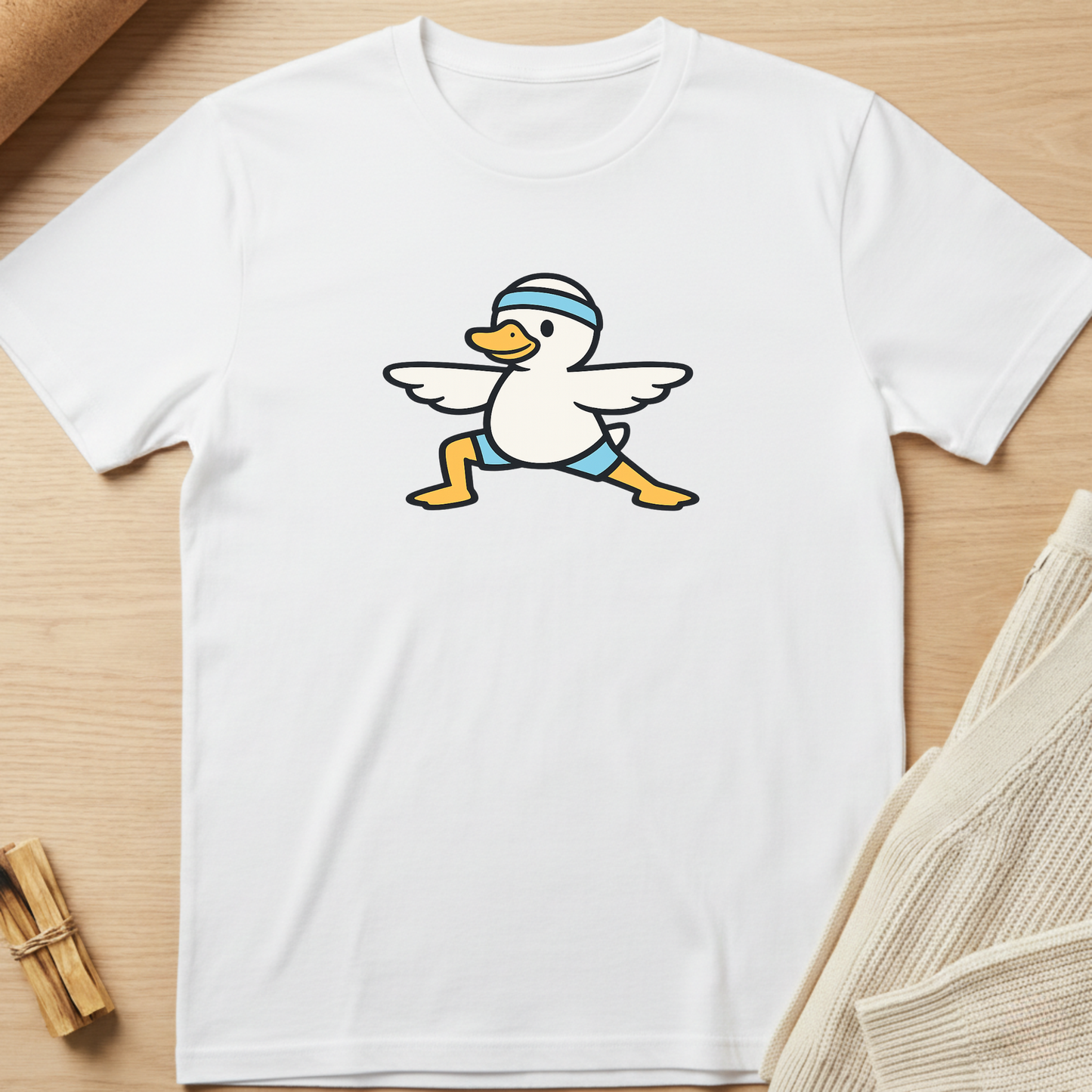 White t-shirt with a cartoon duck design on a wooden surface. Minimalist yoga apparel by pemuyo.