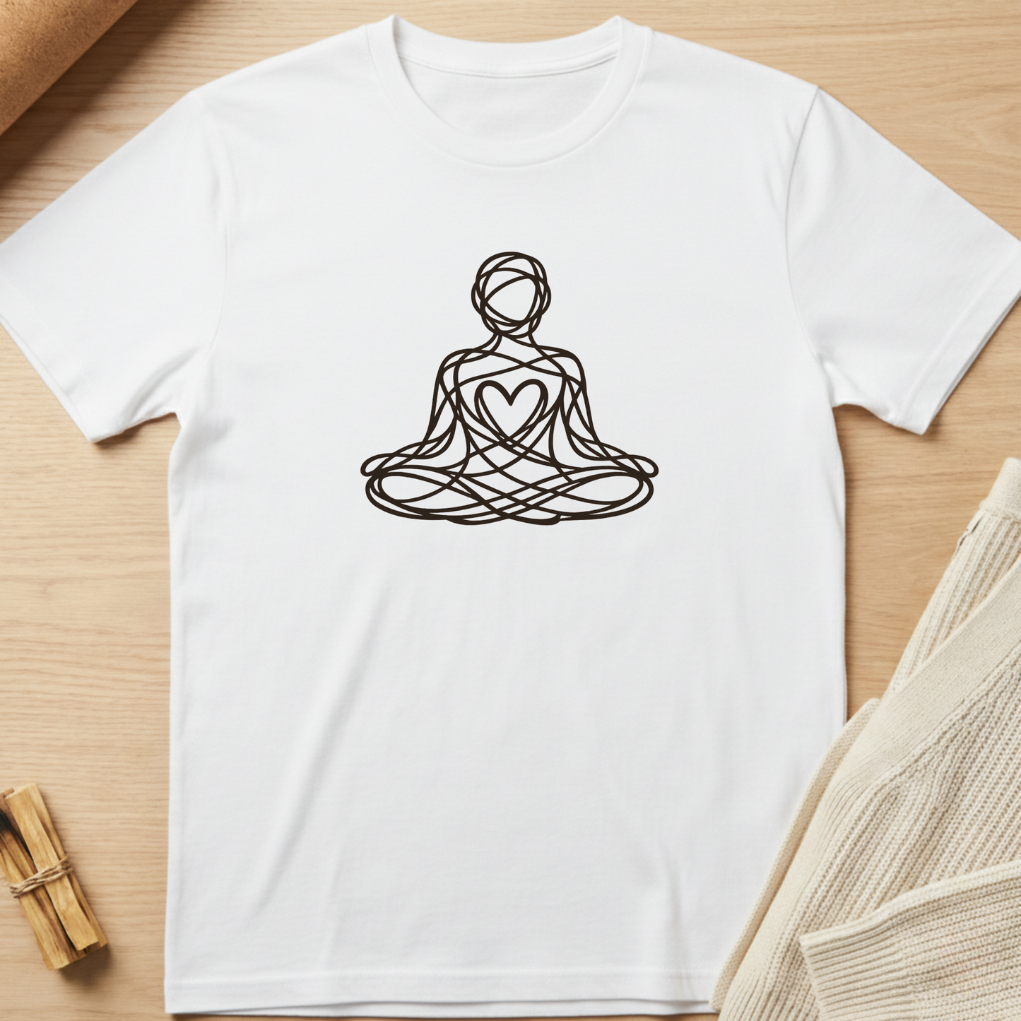 White t-shirt with a black line art design of a person in meditation on a wooden surface. Minimalist yoga apparel by pemuyo.