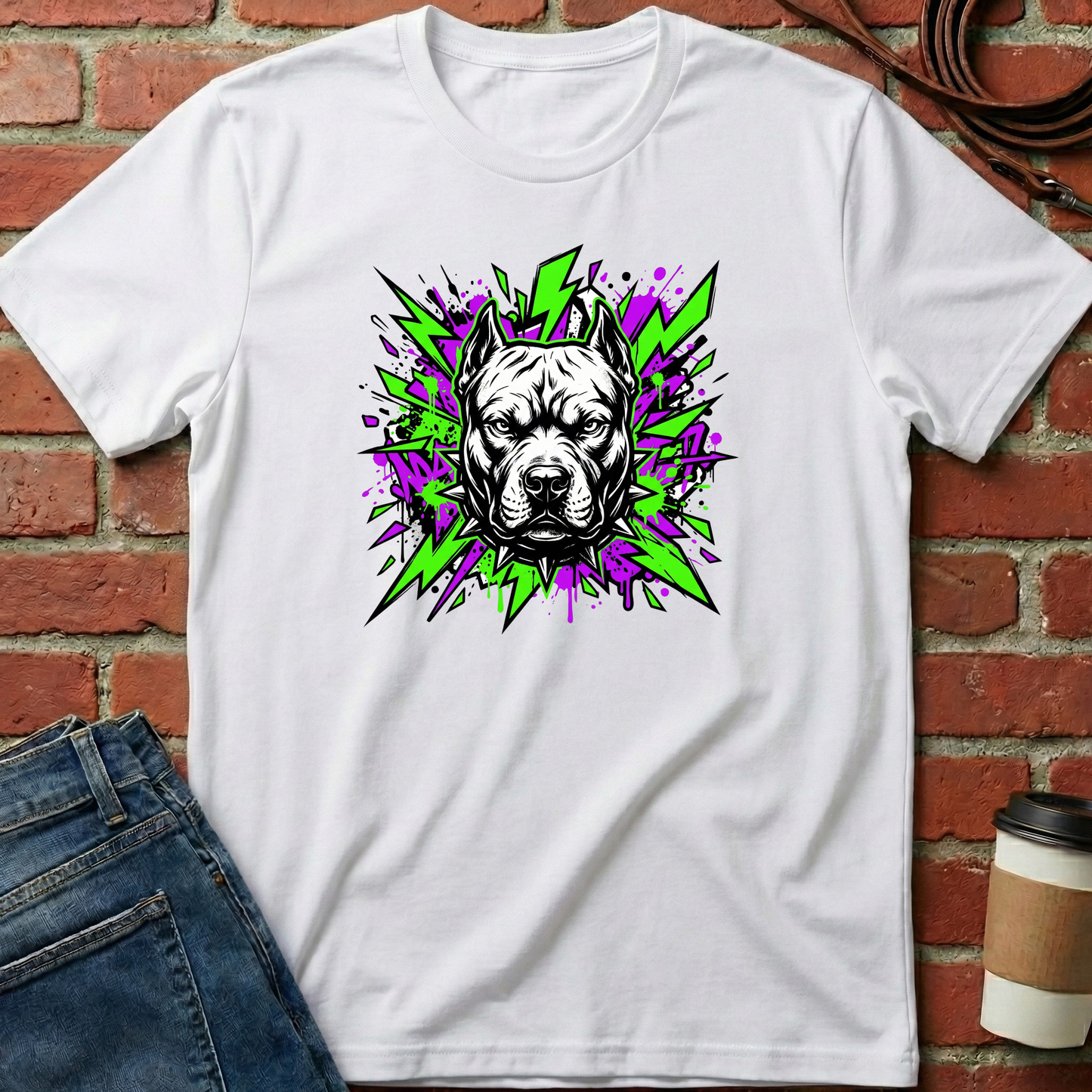 White t-shirt with a graphic of a dog's face on a brick wall background. Minimalist dog apparel by pemuyo.